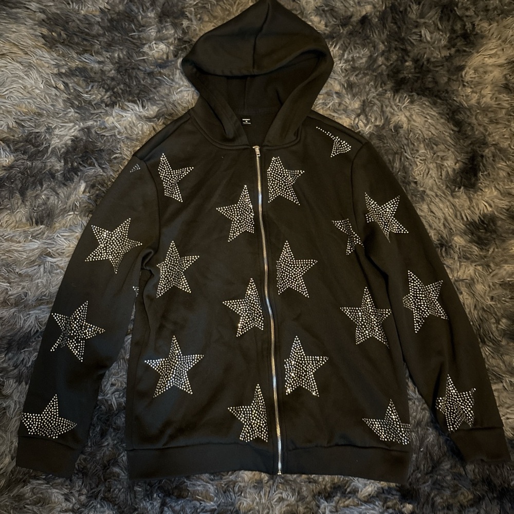 Black Hoodie with Silver Star Accents